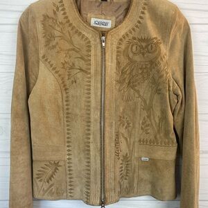 Mistetari Owl Embossed Suede Leather Jacket